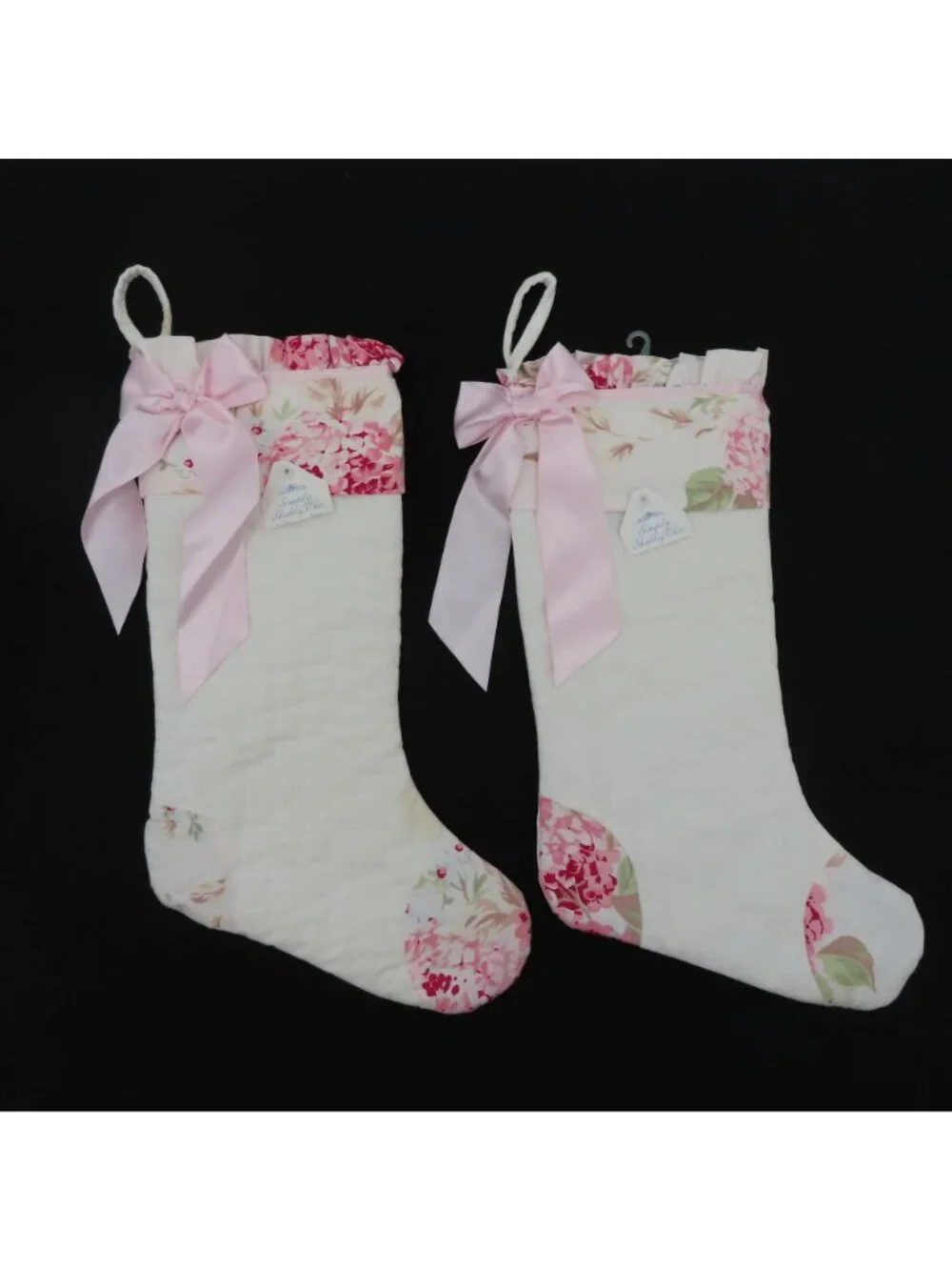 Simply Shabby Chic Pair of 2 Pink Floral Ruffle Christmas Stockings Holiday Xmas